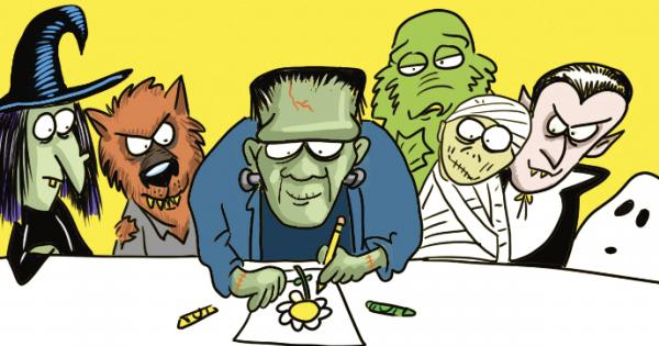 witch, werewolf, Frankenstein monster, green lagoon monster, mummy, vampire, ghost, drawing on yellow background